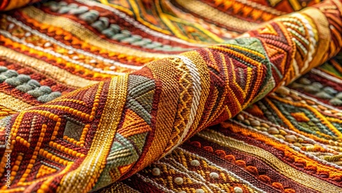 Vibrant woven textile with intricate, raised patterns and subtle shading, evoking a tactile sense of natural fibers and organic, earthy elegance in warm, sunny tones. photo