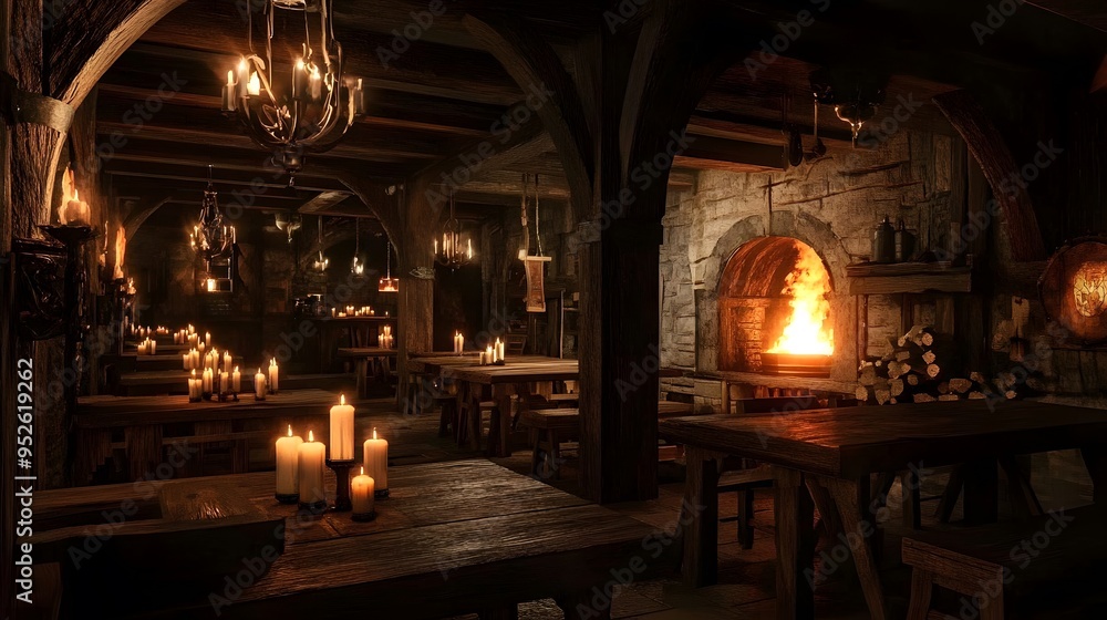 Fototapeta premium Candle-lit medieval tavern featuring wooden tables and a roaring fireplace Warm ambiance with rich wood tones and soft flickering light detailed 3D rendering