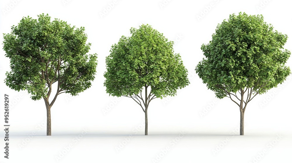Four unique trees, each featuring green leaves and various sizes and shapes, shown against a clean white background The trees are depicted with high detail and no ground shadows Four unique trees, each featuring green leaves and various sizes and shapes, shown against a clean white background The trees are depicted with high detail and no ground shadows
