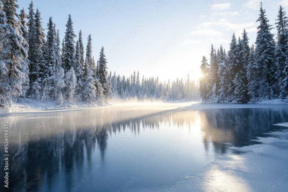 Snow-Covered Pine Trees Reflecting in a Frozen Lake at Sunset Snow-Covered Pine Trees Reflecting in a Frozen Lake at Sunset