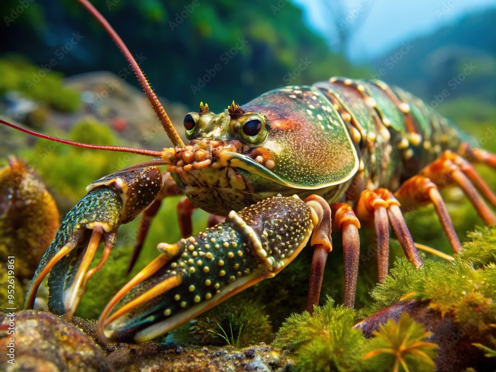 A flathead lobster's mottled green and brown exterior is visible, perfectly posed on a bed of seaweed and rocks. A flathead lobster's mottled green and brown exterior is visible, perfectly posed on a bed of seaweed and rocks.