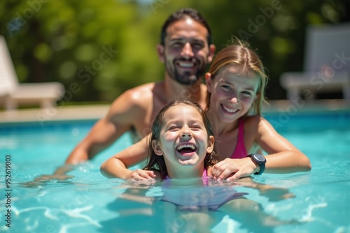 A cheerful scene of a young girl in a colorful swimsuit learning to swim with her parents in a bright blue pool