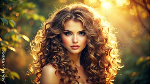 Vibrant young woman with luscious, tightly-curled locks cascading down her back, radiant with natural charm and effortless beauty in a soft, warm light. photo