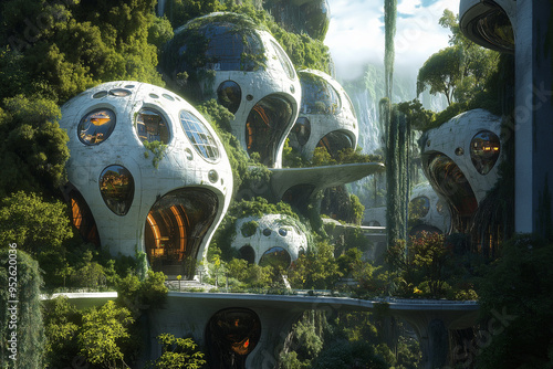 A futuristic building with a lot of windows and a green roof photo