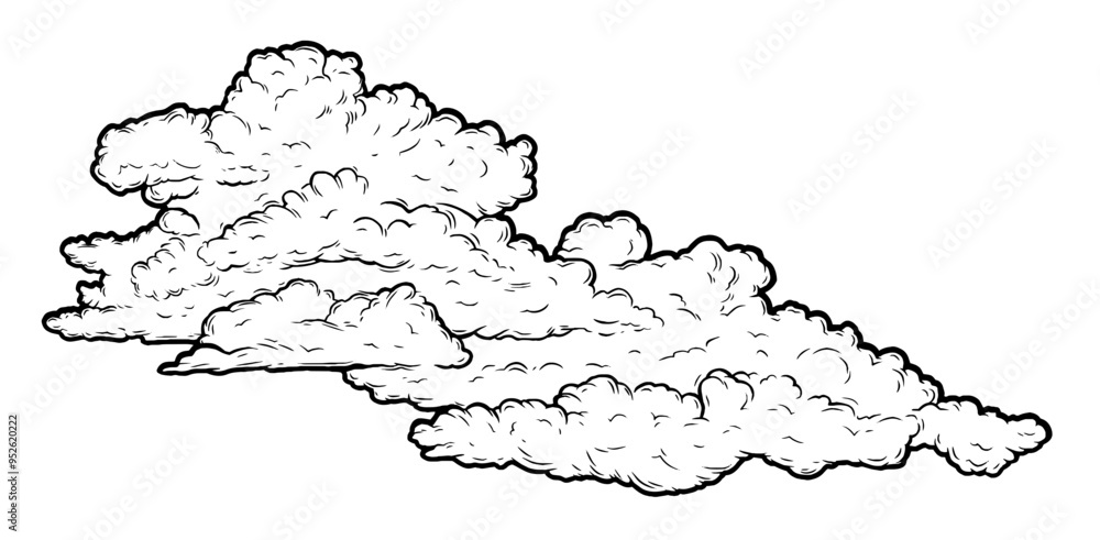 Fototapeta premium Set of clouds in hand drawn vintage retro style isolated on white background. Cartoon design elements. Vector illustration.