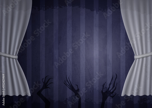 Halloween illustration background with frame of aged old room with blue striped grunge wallpaper and creepy hands