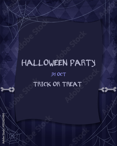 Halloween illustration background with frame of aged old room with blue diamond-shaped grunge wallpaper, bones, spider web and party banner