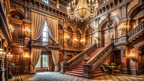 Vintage textile drapes adorn a grand historic hall with ornate chandeliers, wooden paneling, and a sweeping staircase, evoking an air of opulence and luxury.