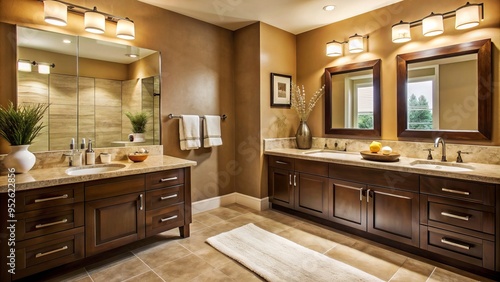 Warm beige-toned bathroom features rich brown cabinetry, creamy walls, and sleek chrome fixtures, exuding a cozy and inviting ambiance with plush towels and natural textures.