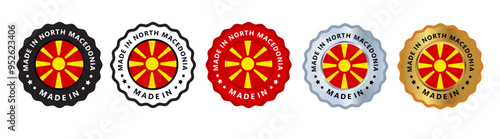 Made in north macedonia set of sign stamp badge, with varian color red, silver, gold, black suitable for products manufactured, military, agriculture or food vector illustration eps editable text