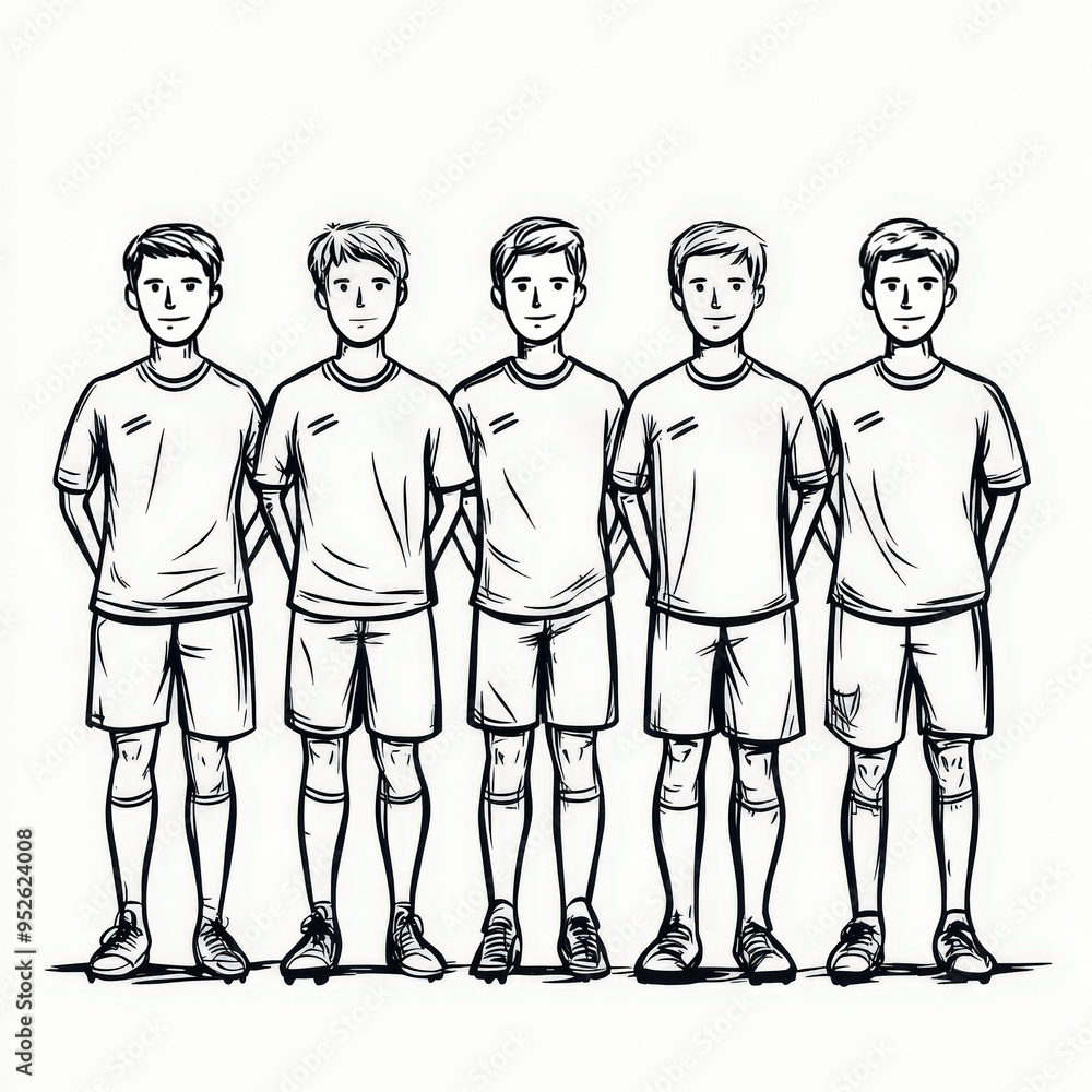 Five Soccer Players in Line Sketch Illustration Five Soccer Players in Line Sketch Illustration