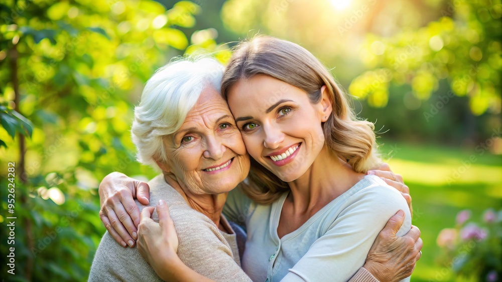 Warmly smiling elderly woman embracing her middle-aged daughter, both with gentle eyes and soft smiles, surrounded by lush greenery in a serene outdoor setting. Warmly smiling elderly woman embracing her middle-aged daughter, both with gentle eyes and soft smiles, surrounded by lush greenery in a serene outdoor setting.
