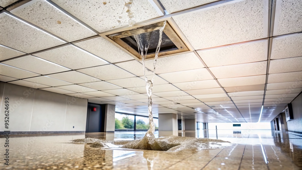 Water drips from a damaged ceiling tile, forming a growing puddle on ...