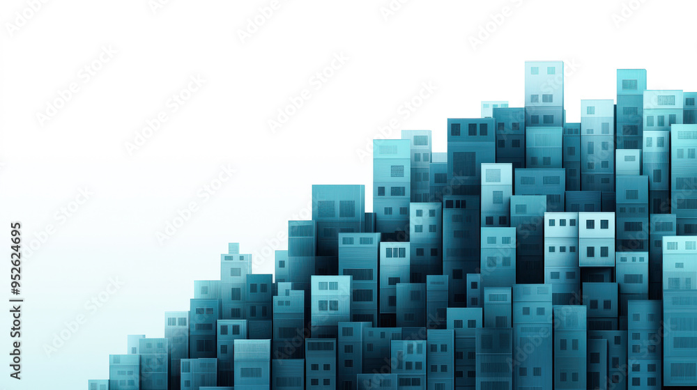 Abstract cityscape with layers of blue buildings, symbolizing urban growth and modern architecture against a minimalistic background. Abstract cityscape with layers of blue buildings, symbolizing urban growth and modern architecture against a minimalistic background.