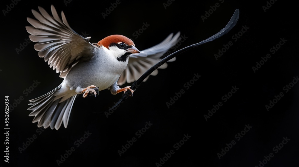 Fototapeta premium A beautiful bird in mid-flight showcasing vibrant colors and graceful wings against a dark background.