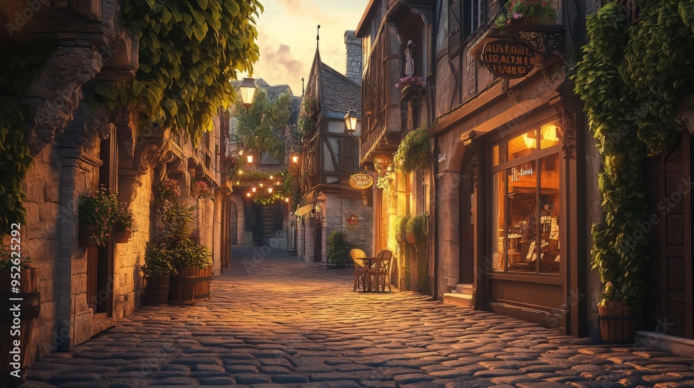 Obraz premium An elegant cobblestone street in a historic town, with quaint shops and cafes, captured in warm, soft lighting to highlight its timeless charm.