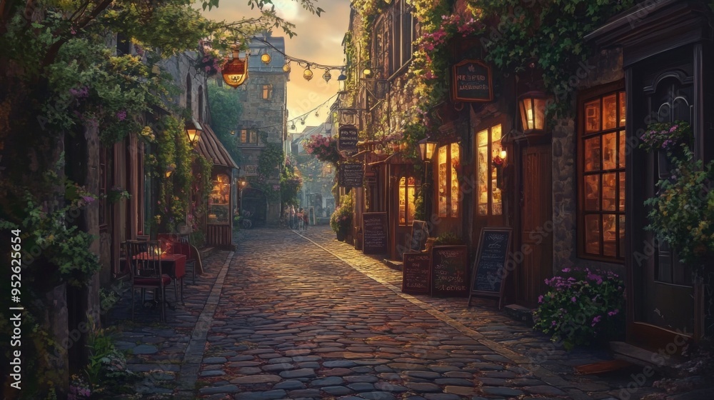 Fototapeta premium An elegant cobblestone street in a historic town, with quaint shops and cafes, captured in warm, soft lighting to highlight its timeless charm.