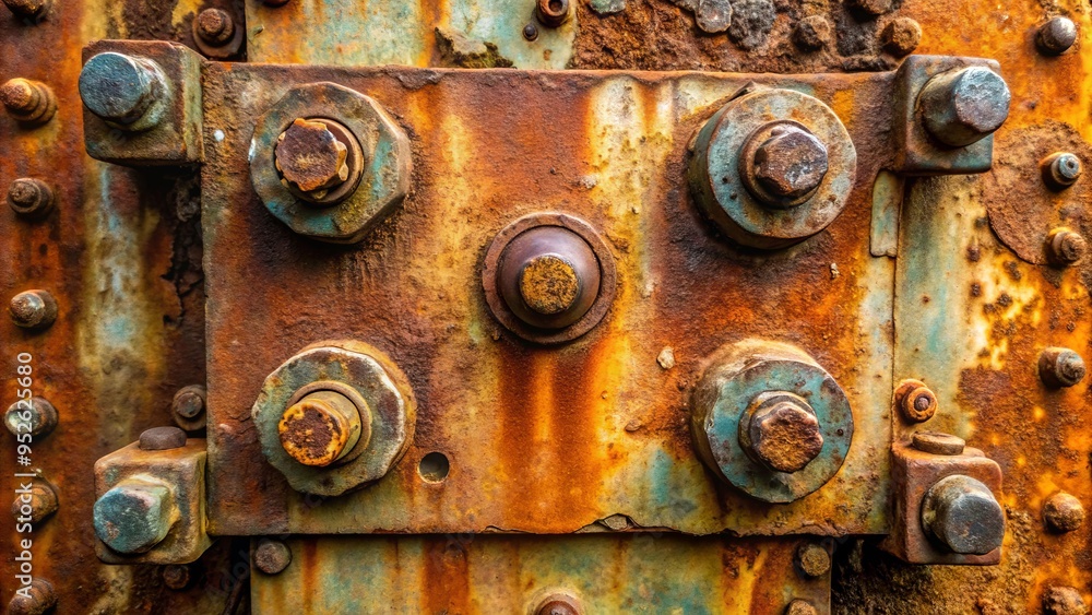 Weathered rusty steel plate with corroded bolts and faded industrial markings, evoking a sense of aged decay and abandoned machinery in a neglected environment. Weathered rusty steel plate with corroded bolts and faded industrial markings, evoking a sense of aged decay and abandoned machinery in a neglected environment.