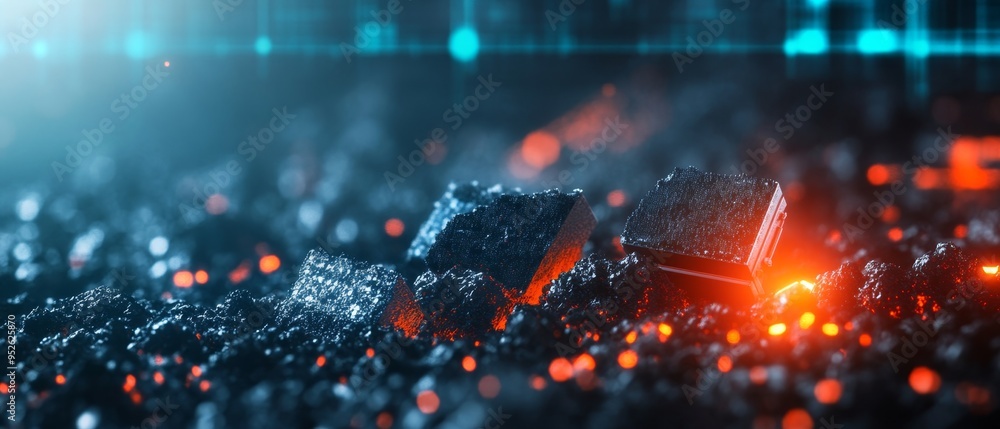 Fototapeta premium Cutting-Edge Coal Monitoring Technology: Sensors Embedded in Coal Revealing Data on Digital Interface with Detailed Textures