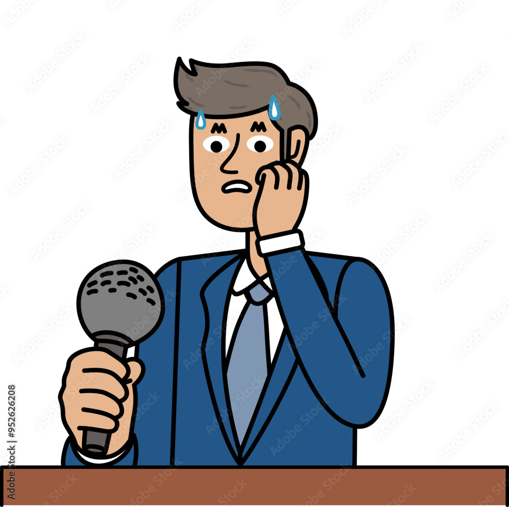 shy businessman holding microphone showing fear.eps shy businessman holding microphone showing fear.eps