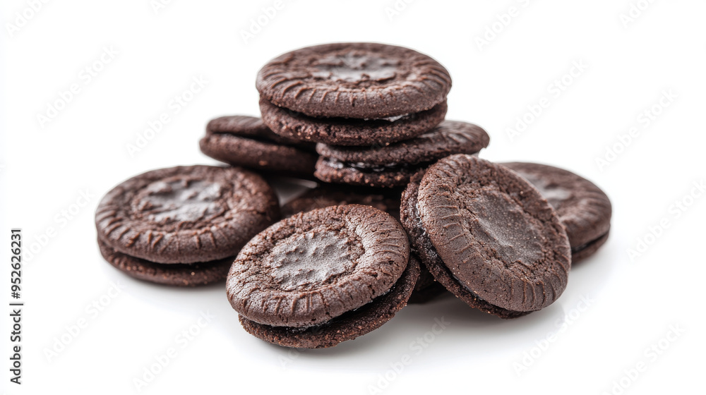 A detailed image of chocolate cookies isolated on a white background. The cookies are stacked and scattered, showing a rich, dark brown color with visible chunks of chocolate. The texture appears soft A detailed image of chocolate cookies isolated on a white background. The cookies are stacked and scattered, showing a rich, dark brown color with visible chunks of chocolate. The texture appears soft