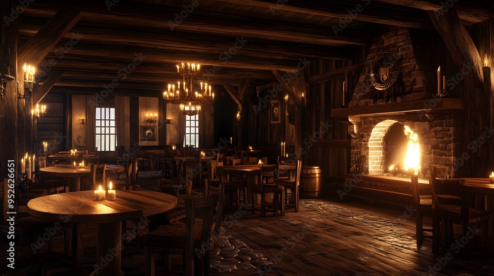 Inviting medieval tavern with wooden tables candlelight and a roaring fireplace Warm ambiance with rich wood tones soft flickering light realistic 3D rendering Inviting medieval tavern with wooden tables candlelight and a roaring fireplace Warm ambiance with rich wood tones soft flickering light realistic 3D rendering