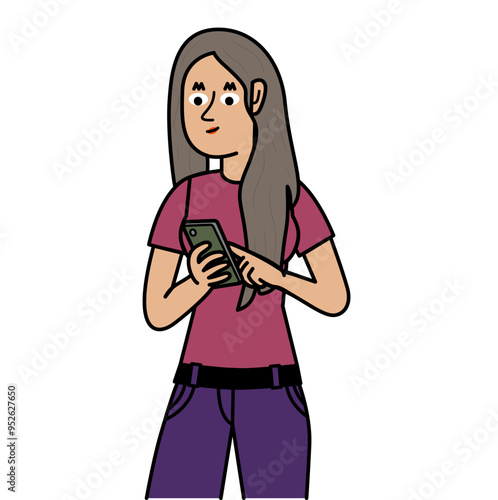 young woman holding his cell phone and answering messages .eps