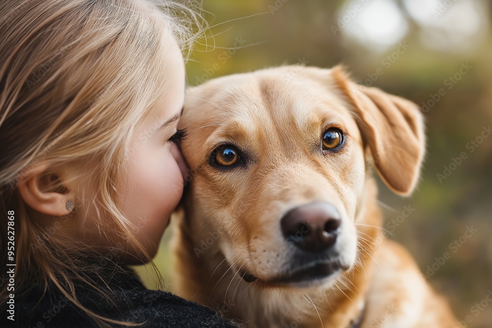 A young girl holds their dog outdoors, both enjoying the natural beauty and serenity of the surrounding landscape. A young girl holds their dog outdoors, both enjoying the natural beauty and serenity of the surrounding landscape.