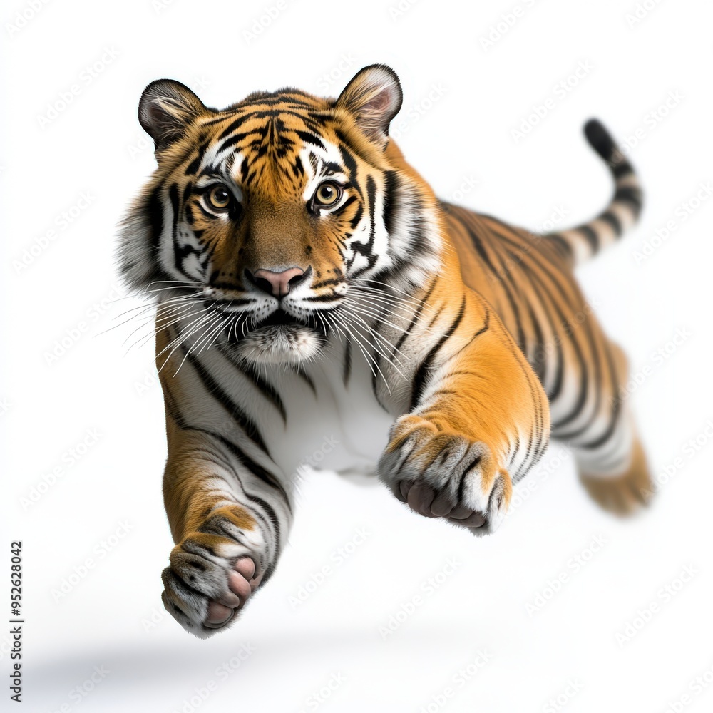 Fototapeta premium A majestic tiger leaps forward with power and grace, showcasing its beautiful stripes and fierce expression.