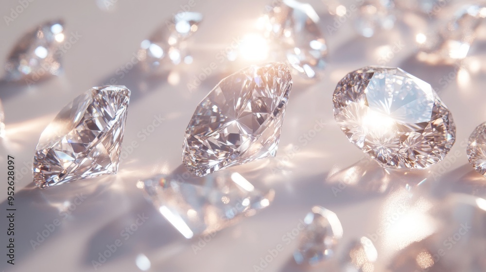 Artistic arrangement of diamonds scattered across a white background, with light reflecting off their surfaces to create a sparkling and luxurious scene Artistic arrangement of diamonds scattered across a white background, with light reflecting off their surfaces to create a sparkling and luxurious scene