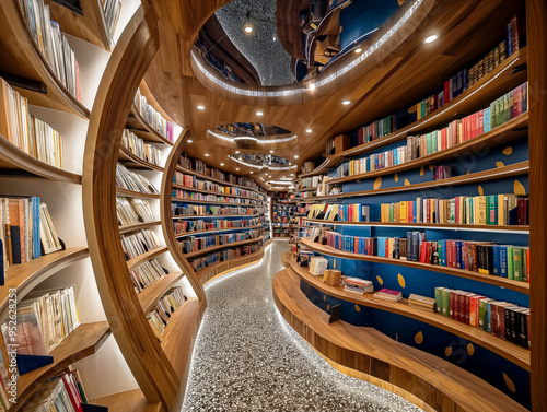 A long, narrow library with shelves of books. The shelves are made of wood and the floor is made of tiles. The library is lit up with lights, giving it a warm and inviting atmosphere photo