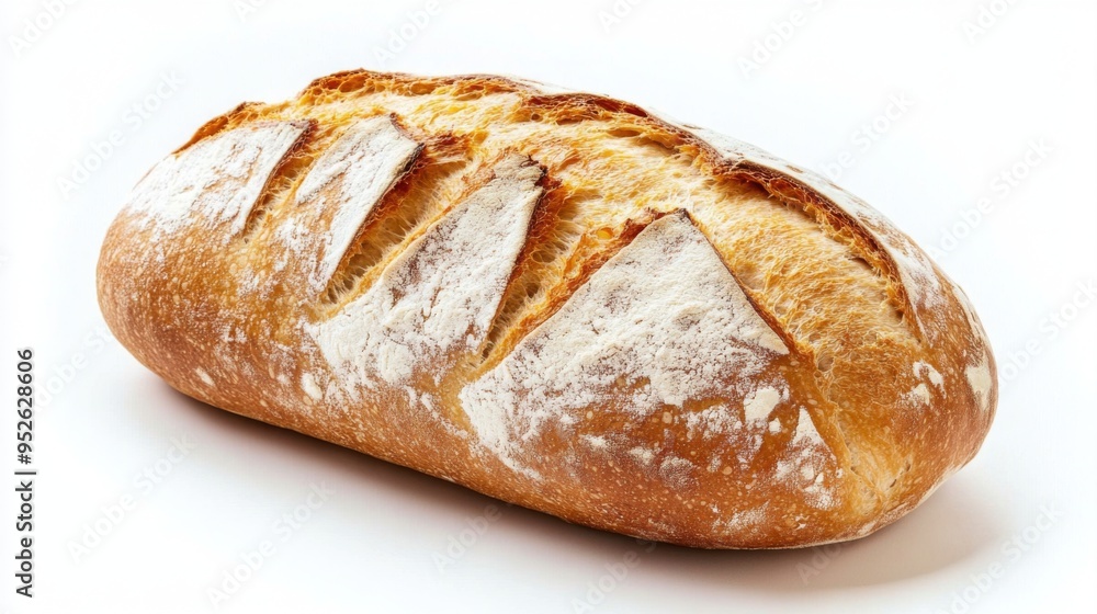 Artistic shot of a loaf of bread with a dusting of flour on the crust, set against a bright white background, emphasizing its freshness and simplicity. Artistic shot of a loaf of bread with a dusting of flour on the crust, set against a bright white background, emphasizing its freshness and simplicity.