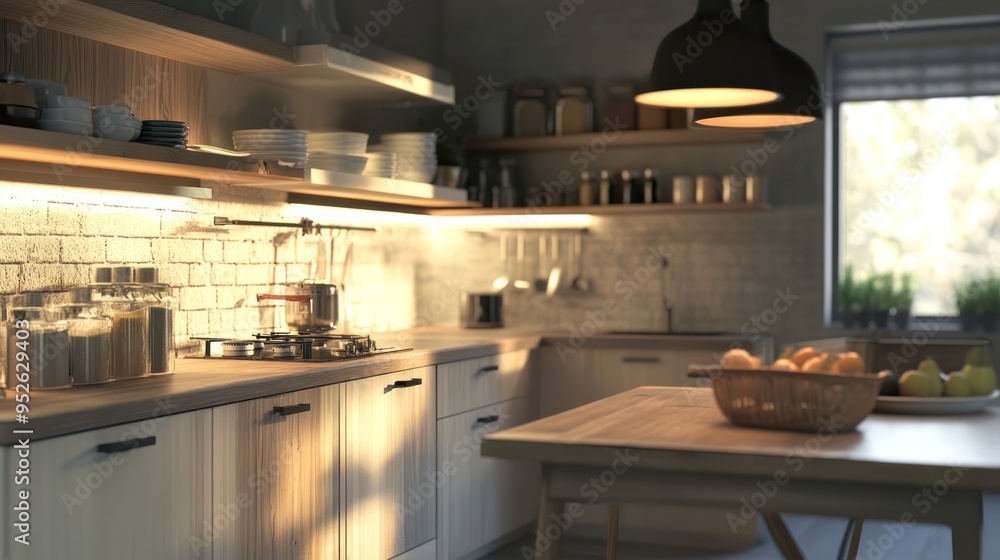 Modern Kitchen Interior with Wooden Cabinets and Sunlight Modern Kitchen Interior with Wooden Cabinets and Sunlight