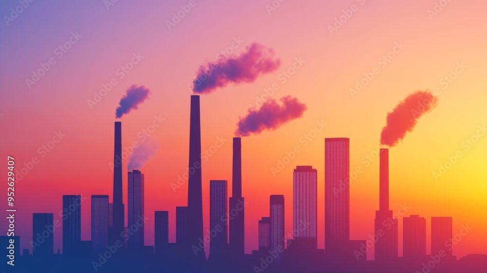 Eco-Friendly Future: Twilight Cityscape with Coal Plants and Energy-Efficient Skyscrapers Eco-Friendly Future: Twilight Cityscape with Coal Plants and Energy-Efficient Skyscrapers