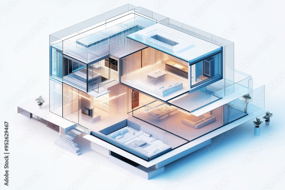 A 3D rendering of a modern apartment building with a glass facade A 3D rendering of a modern apartment building with a glass facade