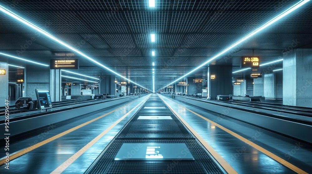 A futuristic baggage handling system with automated features and no passengers. Focus on bright lighting, clean design, and high-tech equipment. A futuristic baggage handling system with automated features and no passengers. Focus on bright lighting, clean design, and high-tech equipment.