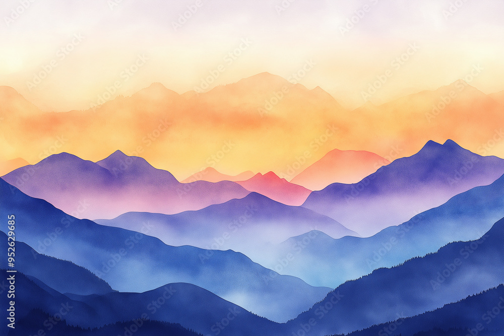 A painting of a mountain range with a sun in the sky A painting of a mountain range with a sun in the sky