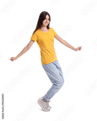 Full length portrait of teenage girl on white background