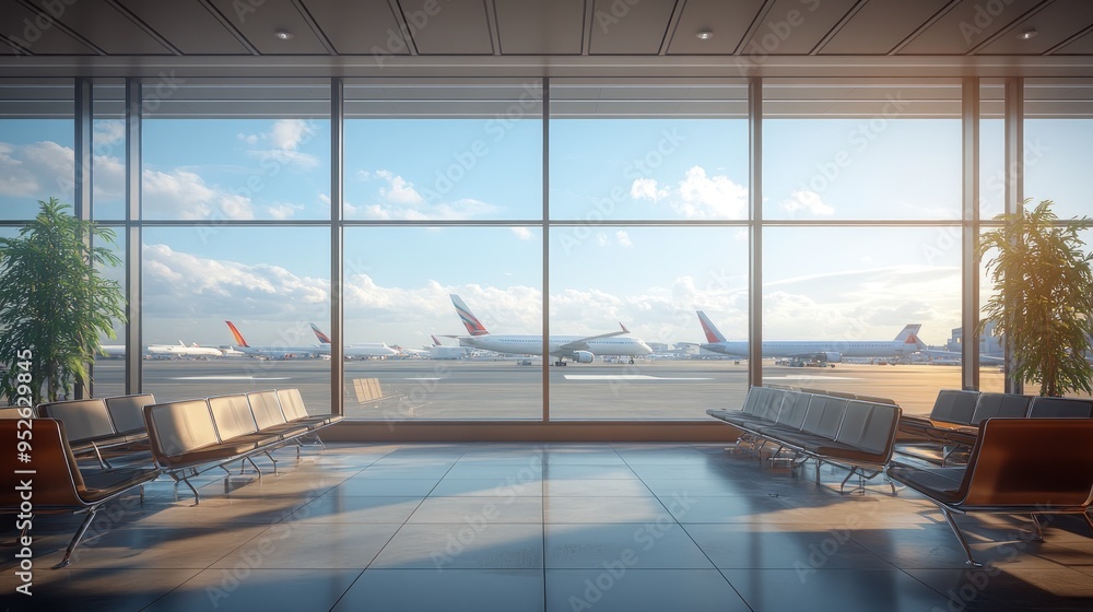An airport observation deck with a panoramic view of aircraft and no people. Emphasis on bright daylight, modern seating, and clean design. An airport observation deck with a panoramic view of aircraft and no people. Emphasis on bright daylight, modern seating, and clean design.
