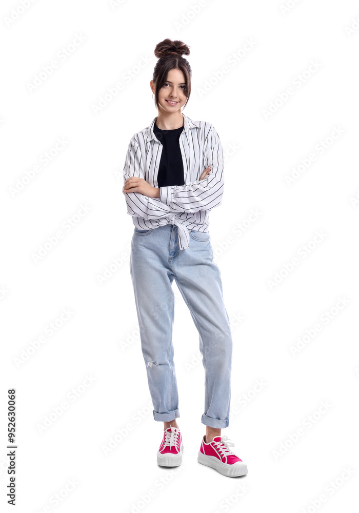 Naklejka premium Full length portrait of teenage girl on white background