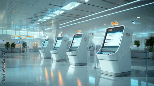An airport check-in counter with kiosks and flight information. Focus on bright lighting, clean design, and modern technology.