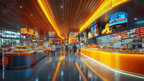 A vibrant airport food court with passengers and food displays. Emphasis on bright lighting, diverse options, and a lively atmosphere.