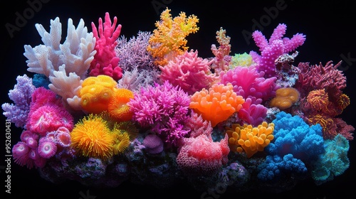 Mixed collection of fluorescent corals isolated on black background. Bright and varied colors.