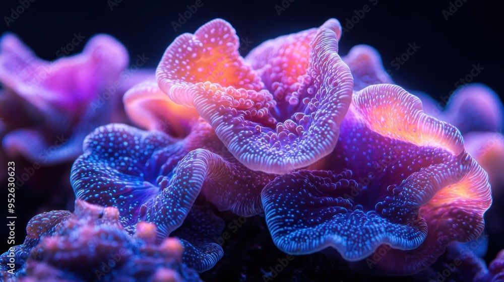 Cluster of fluorescent corals with different shapes isolated on black background. Intense glow and color contrast. Cluster of fluorescent corals with different shapes isolated on black background. Intense glow and color contrast.