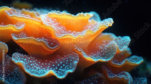Fluorescent plate corals with wavy edges isolated on black background. Bright and vibrant colors.