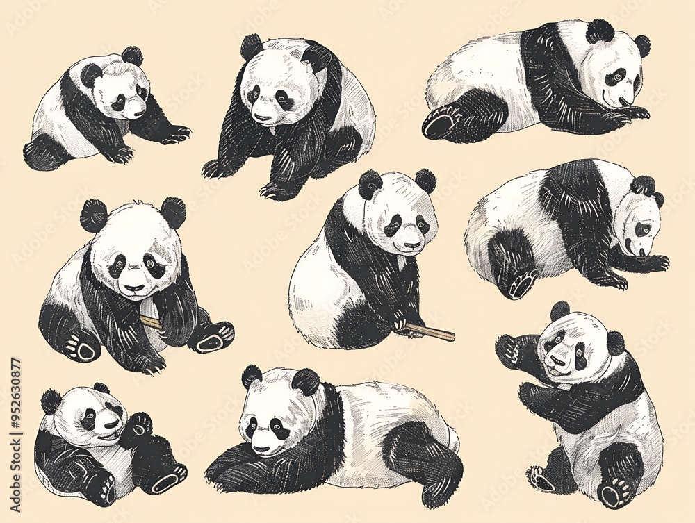 Obraz premium Set of various panda illustration on white. AI generated
