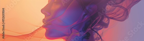 An abstract portrait of a woman in shades of purple and orange, with flowing, translucent elements, blending art and surrealism for visual appeal.