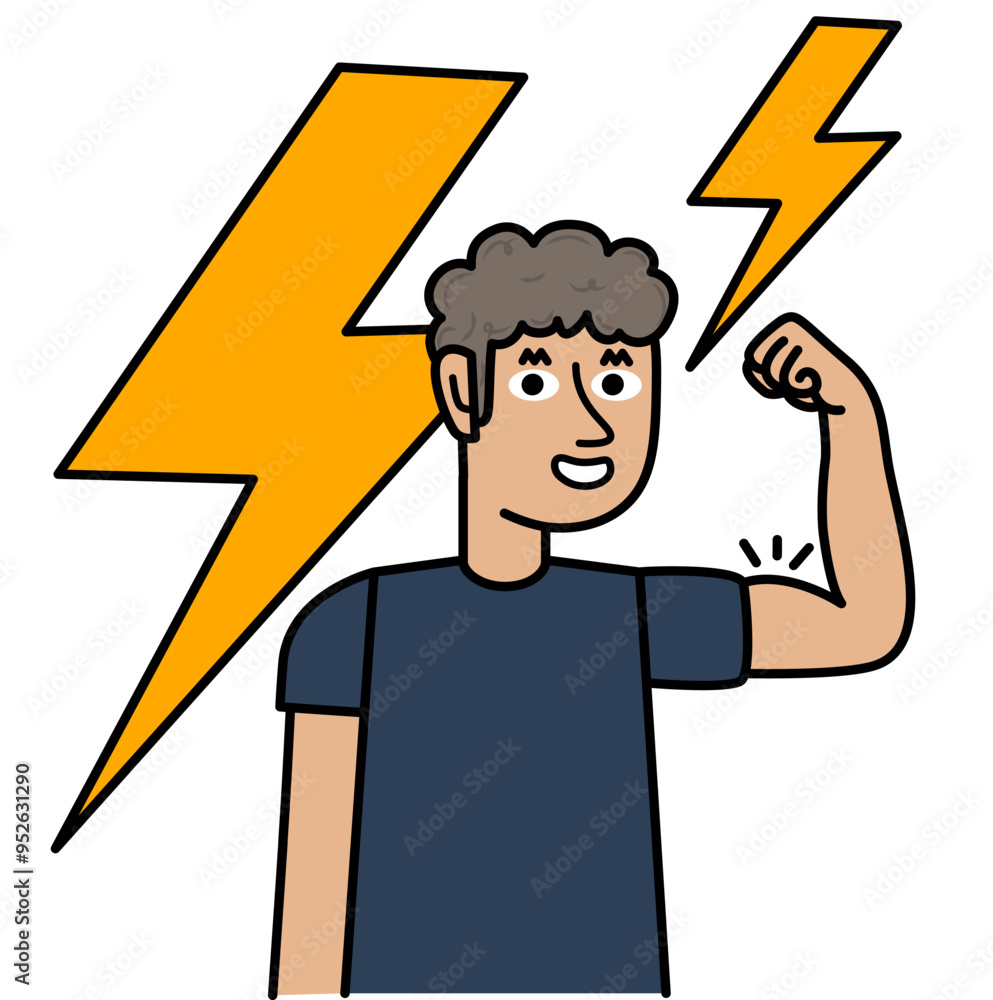 happy boy showing strength with his arm, thunder in the background.eps happy boy showing strength with his arm, thunder in the background.eps