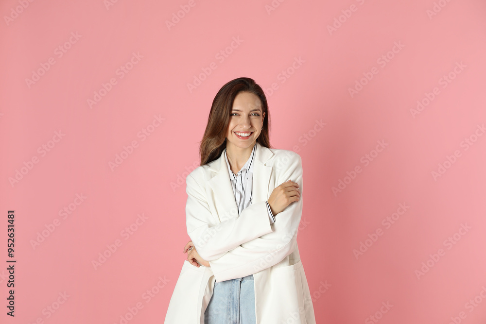 Beautiful woman in stylish white jacket on pink background Beautiful woman in stylish white jacket on pink background