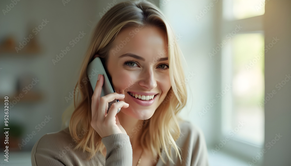 Smiling Woman Having a Phone Conversation by a Sunlit Window Smiling Woman Having a Phone Conversation by a Sunlit Window